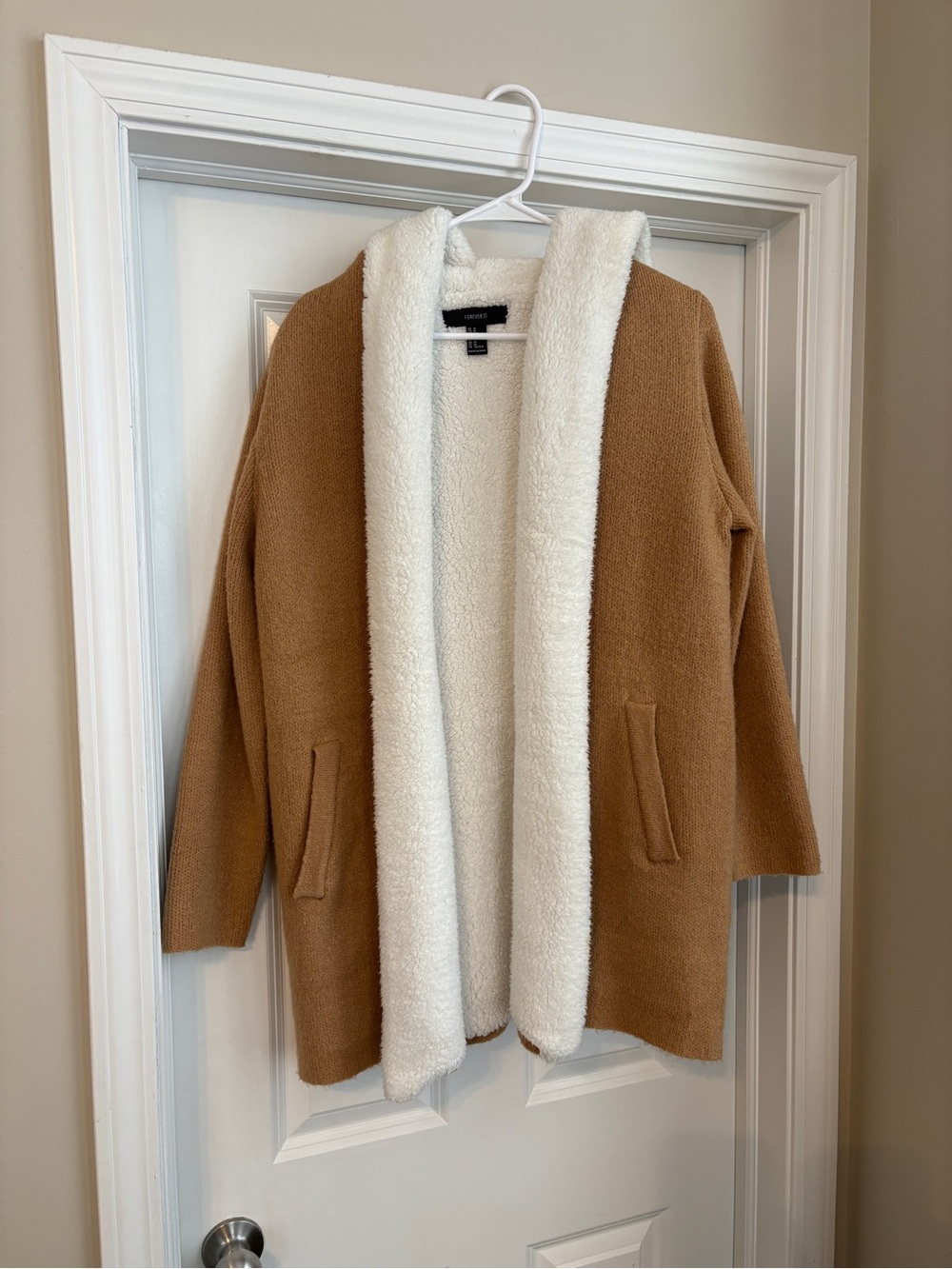 Forever 21 Cozy Sherpa-Trim Open Front Camel Coatigan Women’s Medium
